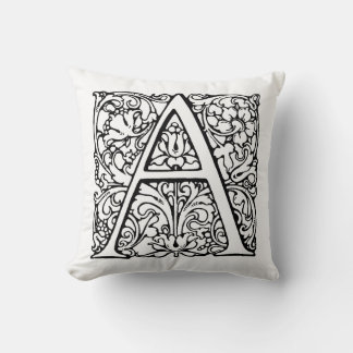 Monogram A Initial Black & White Floral Pattern Throw Pillow