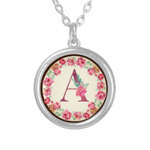 Monogram A Letter with Peony Flower Charm Silver Plated Necklace