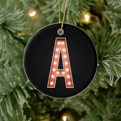 Monogram A Marquee Lights Personalized Ceramic Ornament