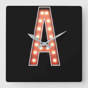 Monogram A Marquee Lights Square Wall Clock
