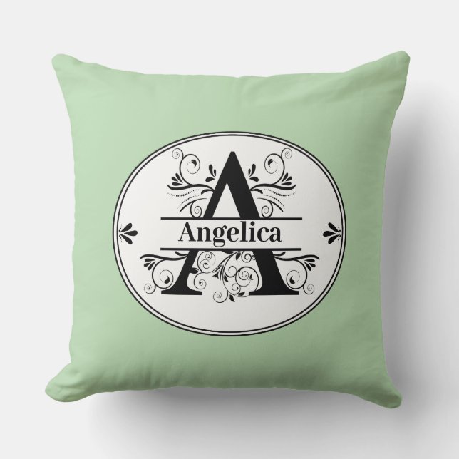 Monogram A muted green Throw Pillow (Front)