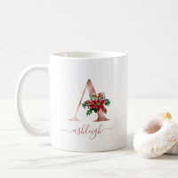 Monogram A Rose Gold Poinsettia Script