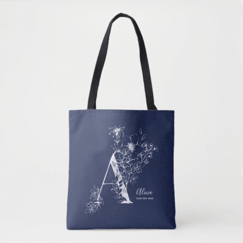 Monogram A Rustic floral Navy Blue personalized  Tote Bag
