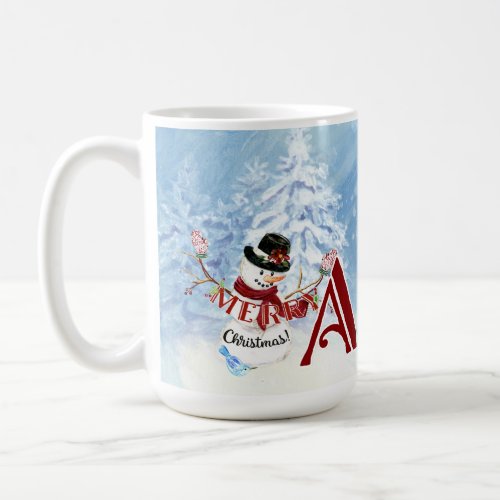 Monogram A Snowy Merry Christmas Snowman Trees Coffee Mug