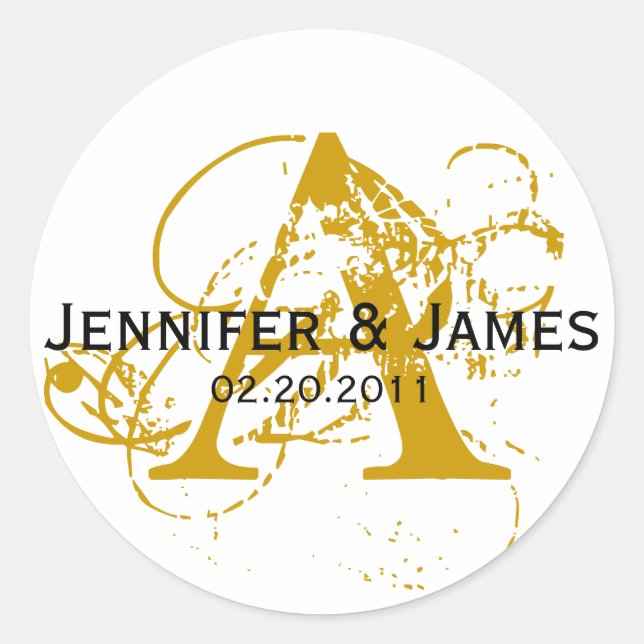 Monogram A White and Gold Wedding Stickers (Front)