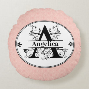 Monogram A with light small pink pattern backgroun Round Pillow