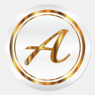 Monogram A-Z - Metallic Gold on White Satin Classic Round Sticker