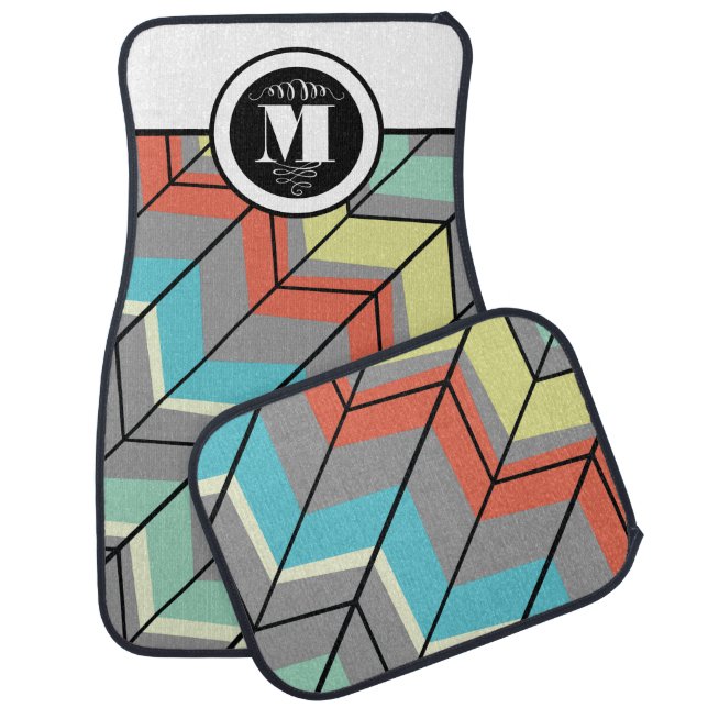 Monogram Abstract Arrows Gray Yellow Aqua Car Mat (Set)