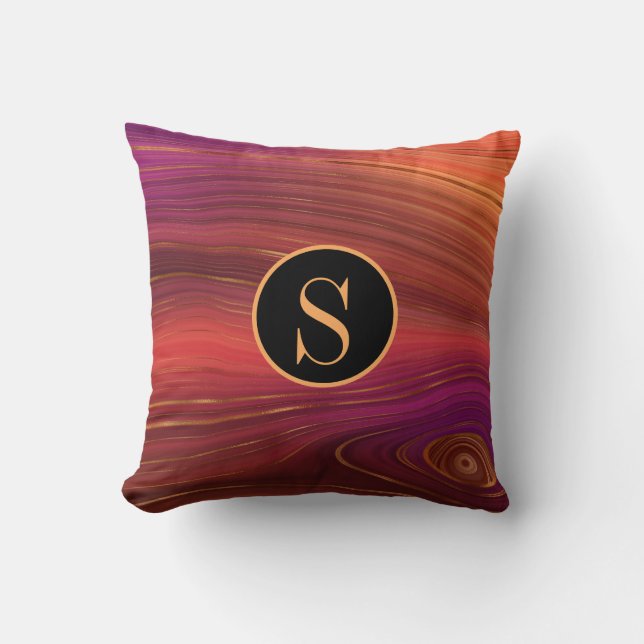 Monogram Abstract Art Orange Red Gold Pattern Throw Pillow (Front)