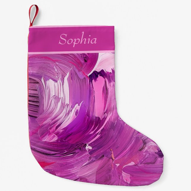 Monogram Abstract Art Purple Pink Brush Stroke Small Christmas Stocking (Front)