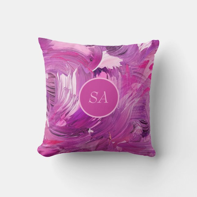 Monogram Abstract Art Purple Pink Brush Stroke Throw Pillow (Front)