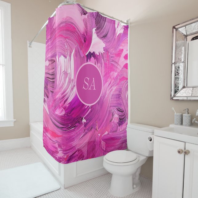 Monogram Abstract Art Purple Pink Shower Curtain (In Situ)