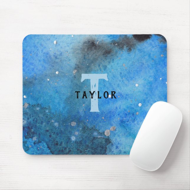Monogram Abstract Blue Black Watercolor Fine Art Mouse Pad (With Mouse)