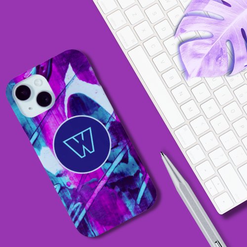 Monogram Abstract Blue Pink Brush Strokes iPhone 15 Case