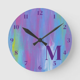 Monogram Abstract Blue Purple Green White Round Clock