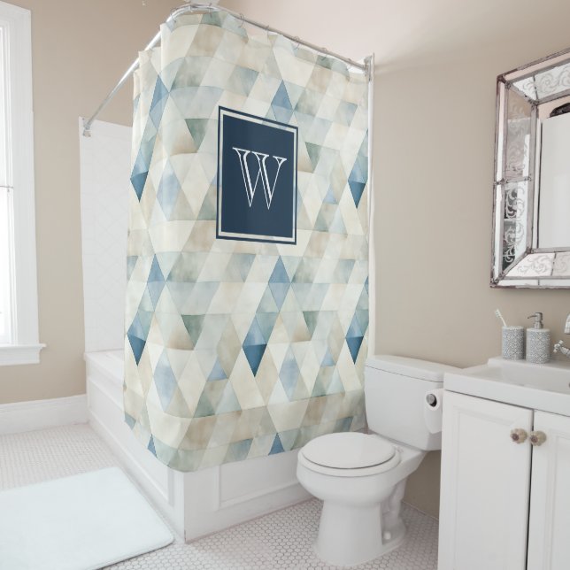 Monogram Abstract Blue Tranquil Beach Pattern Show Shower Curtain (In Situ)