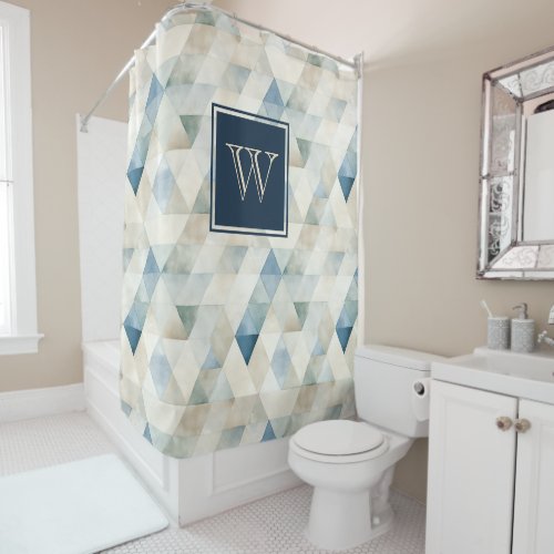 Monogram Abstract Blue Tranquil Beach Pattern Shower Curtain