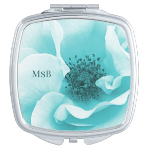 Monogram Abstract Blue & White Florals Compact Mirror