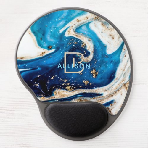  Monogram Abstract Blue White Gold Marble Gel Mouse Pad