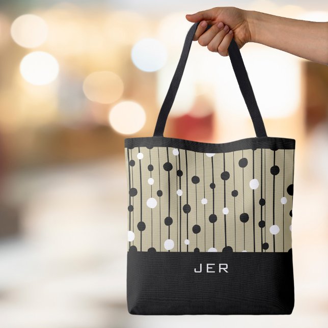Monogram Abstract Circles Lines Black White Brown Tote Bag (Monogrammed Initials or Name Abstract Circles Lines Black White Brown Canvas Shopping Tote Bag)