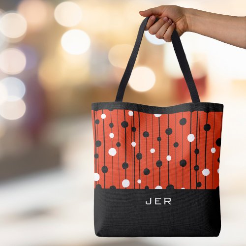 Monogram Abstract Circles Lines Black White Red Tote Bag