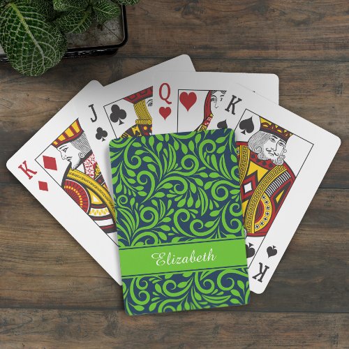 Monogram Abstract Floral Pattern Blue Green Chic Playing Cards