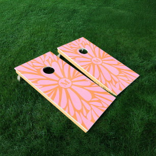 Monogram abstract floral pattern orange & pink cornhole set