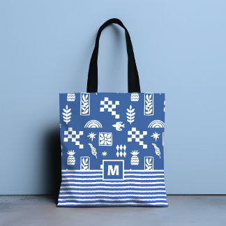 Monogram Abstract Geometric Bird Floral Blue Tote Bag