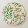 Monogram Abstract Green Leaves on Tan Faux Wood Ro Round Pillow