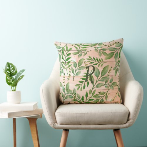  Monogram Abstract Green Leaves on Tan Faux Wood Throw Pillow