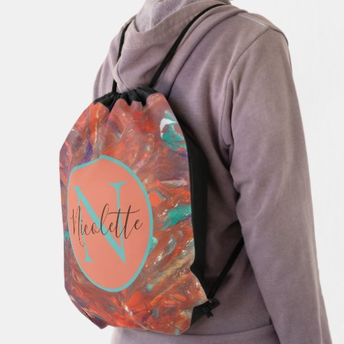 Monogram Abstract Orange Painting Personalized   Drawstring Bag