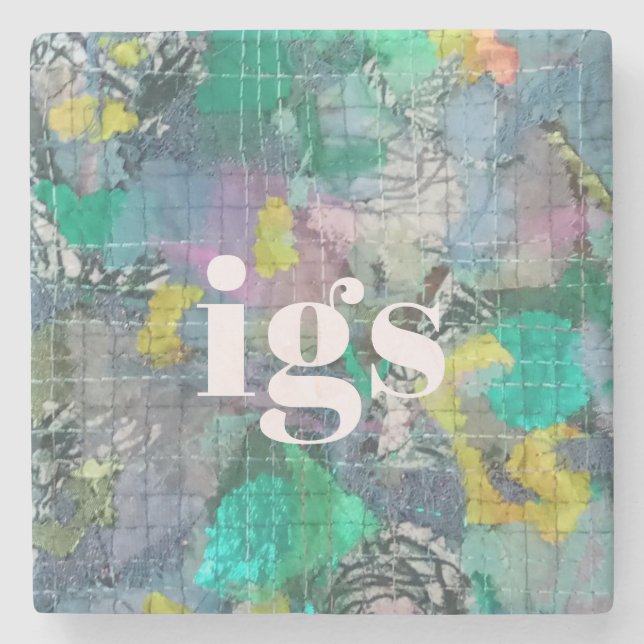Monogram abstract pattern green blue gray nature  stone coaster (Front)