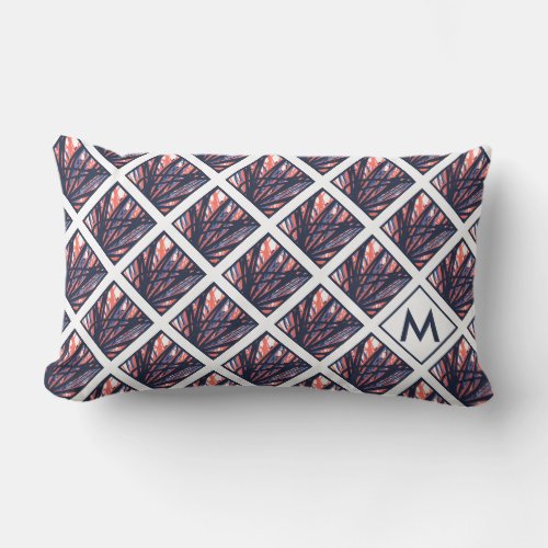 Monogram Abstract Pattern Lattice Navy Blue White Lumbar Pillow