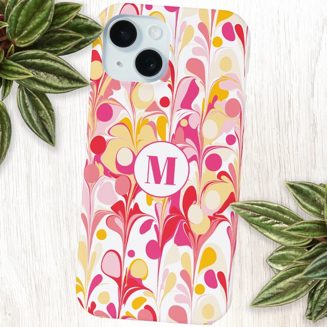 Monogram Abstract Pattern Pink Marble Retro Iphone Case (Monogram initial retro marble pink red yellow cell phone case)