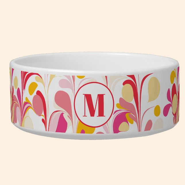 Monogram Abstract Retro Marble Pattern Bowl (Retro abstract marble pattern pink yellow monogram personalized ped food bowl)