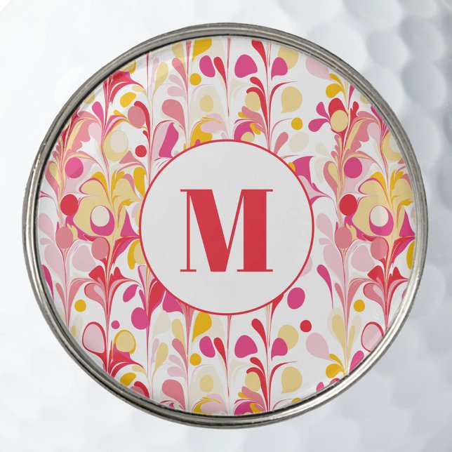 Monogram Abstract Retro Marble Pattern Golf Ball Marker (Modern monogram initial retro marble pattern pink red yellow golf ball marker)