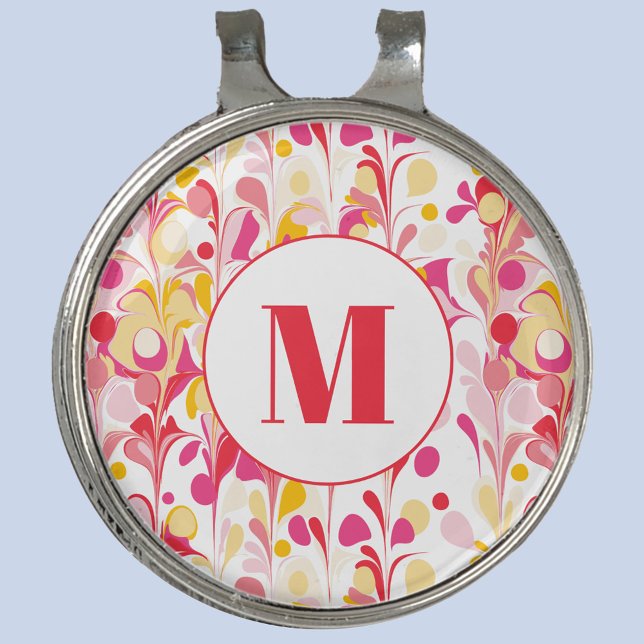 Monogram Abstract Retro Marble Pattern Golf Hat Clip (Modern monogram initial retro marble pattern pink red yellow golf hat clip)