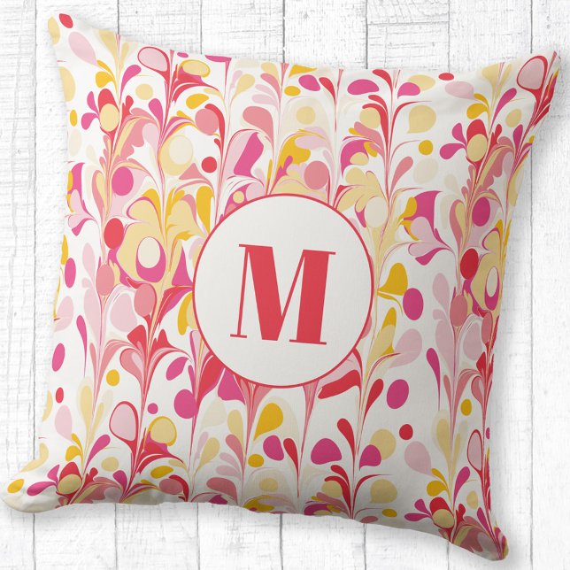 Monogram Abstract Retro Marble Pattern Throw Pillow (Modern monogram initial retro marble pattern pink red yellow personalized throw pillow)