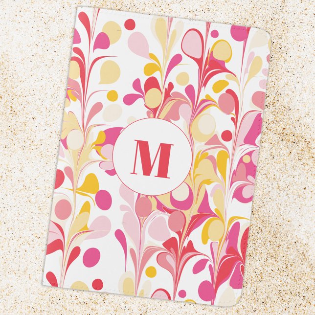 Monogram Abstract Retro Pattern Passport Holder (Modern monogram initial personalized pink red orange marble abstract art passport holder cover)