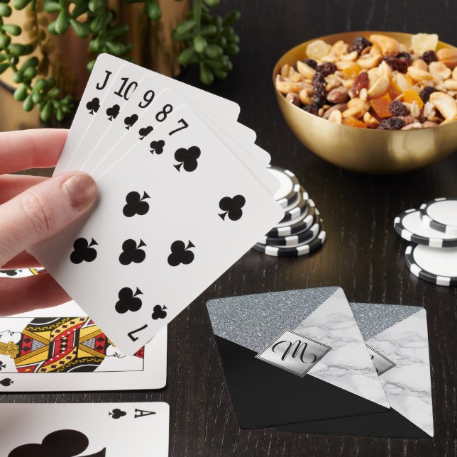 Monogram Abstract Silver Glitter and Marble Poker Cards (In Situ)