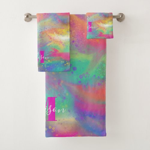 Monogram Abstract swash colorful splatter paint Bath Towel Set