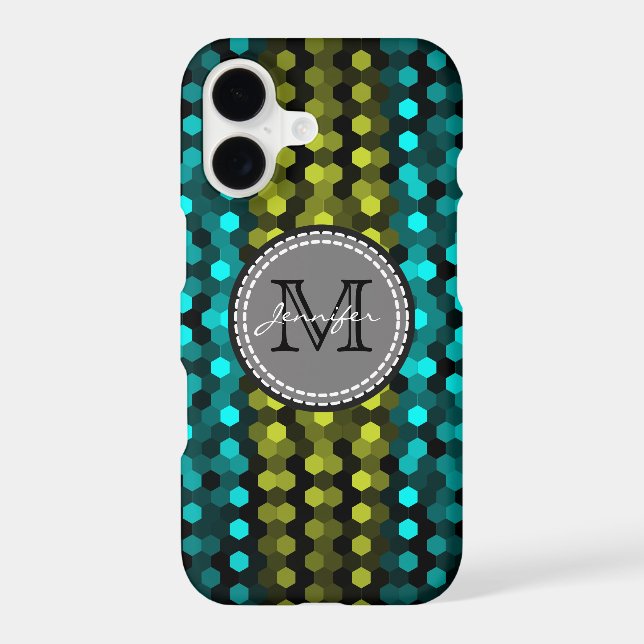 Monogram Acid green & Aqua Hexagons Mosaic Pattern Iphone Case (Back)