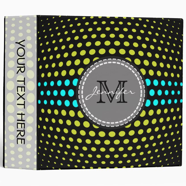Monogram Acid green & Aqua Polka Dots Pattern 3 Ring Binder (Front/Spine)