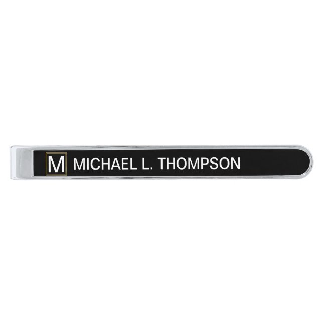 monogram / add his name, elegant silver finish tie bar (Front)