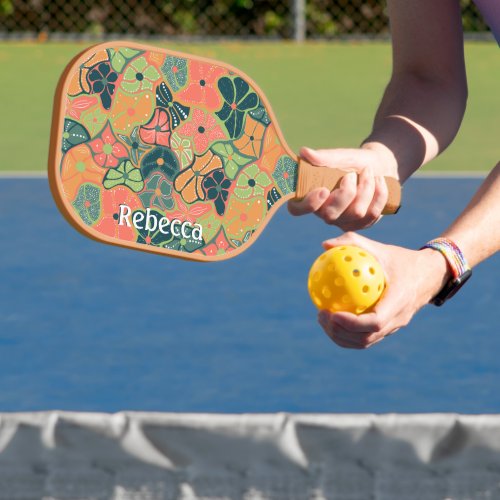 Monogram Add Name Retro Funky Colorful Flower Pickleball Paddle