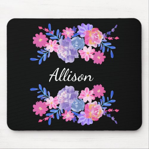 Monogram Add Your Name Cute Girly Black Floral Mouse Pad
