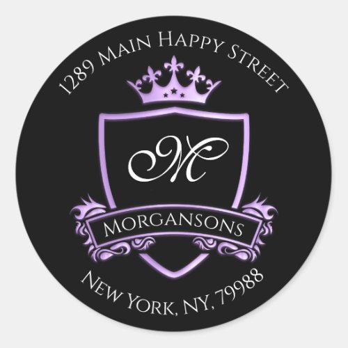 Monogram Address Crown Royal Black Purple Classic Round Sticker