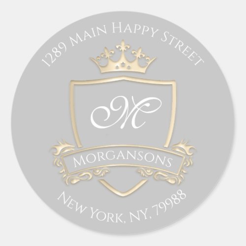 Monogram Address Crown Royal Gold Gray RSVP Classic Round Sticker