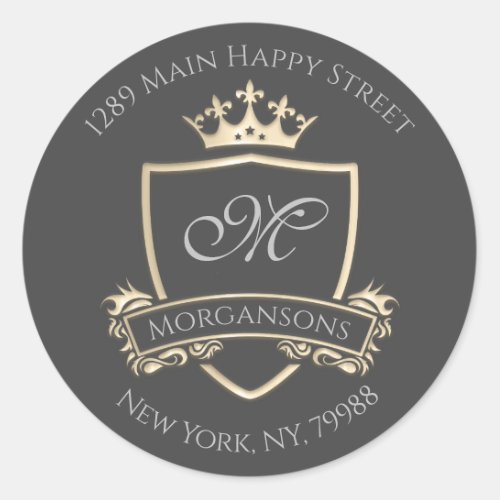 Monogram Address Crown Royal Gold Grey RSVP Classic Round Sticker