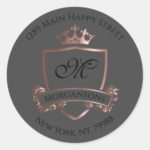 Monogram Address Crown Royal Gray Rose RSVP Classic Round Sticker